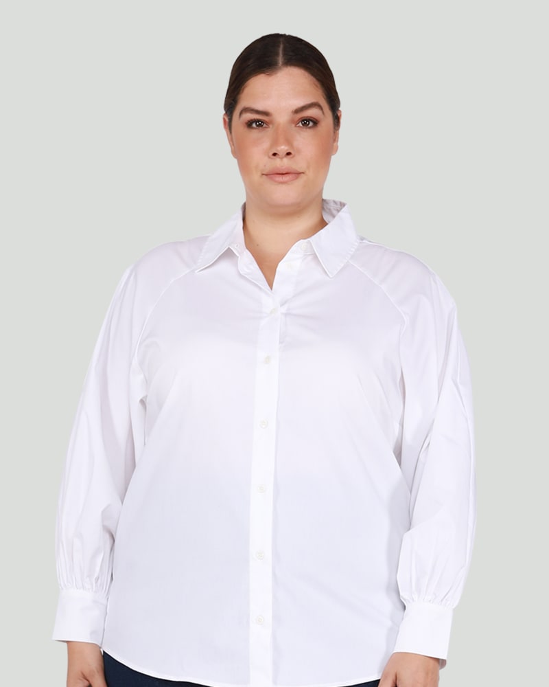 Front of a model wearing a size 0X Susan Balloon Sleeve Blouse in White by DEX PLUS. | dia_product_style_image_id:268462